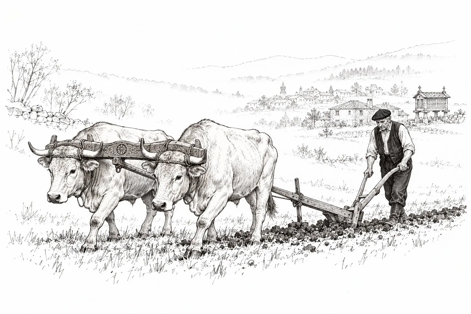 Un labrego ara cunha parella de vacas e un arado de pau