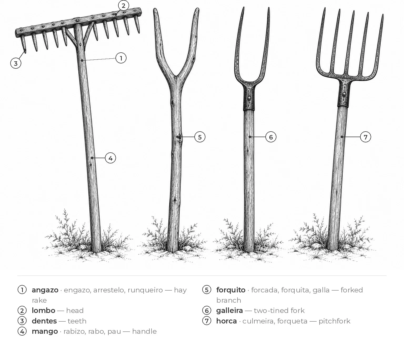 Rake, forks and pitchfork